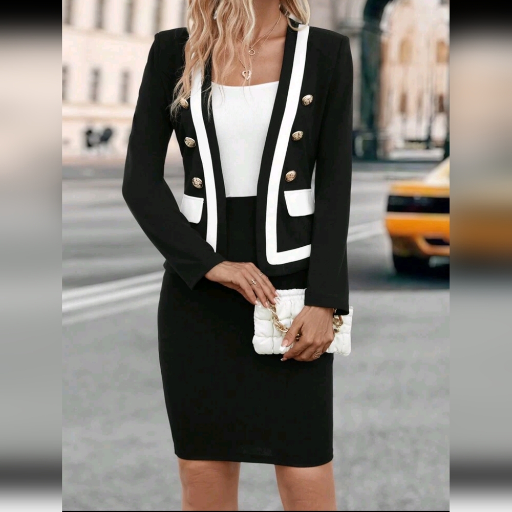 Contrast Trim Button Detail Jacket & Bodycon Dress Black Two Piece S - Picture 3 of 8